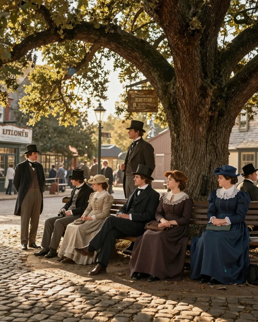 A crowd of Victorian era townsfolk resting beneath the shade of an old oak tree