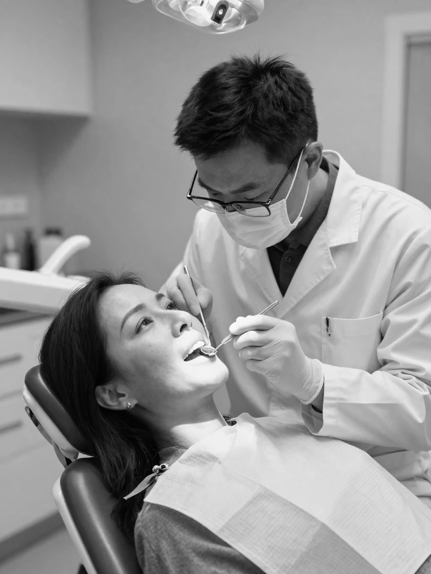A dentist examines a patient's teeth with a small mirror beside a reclined patient chair.