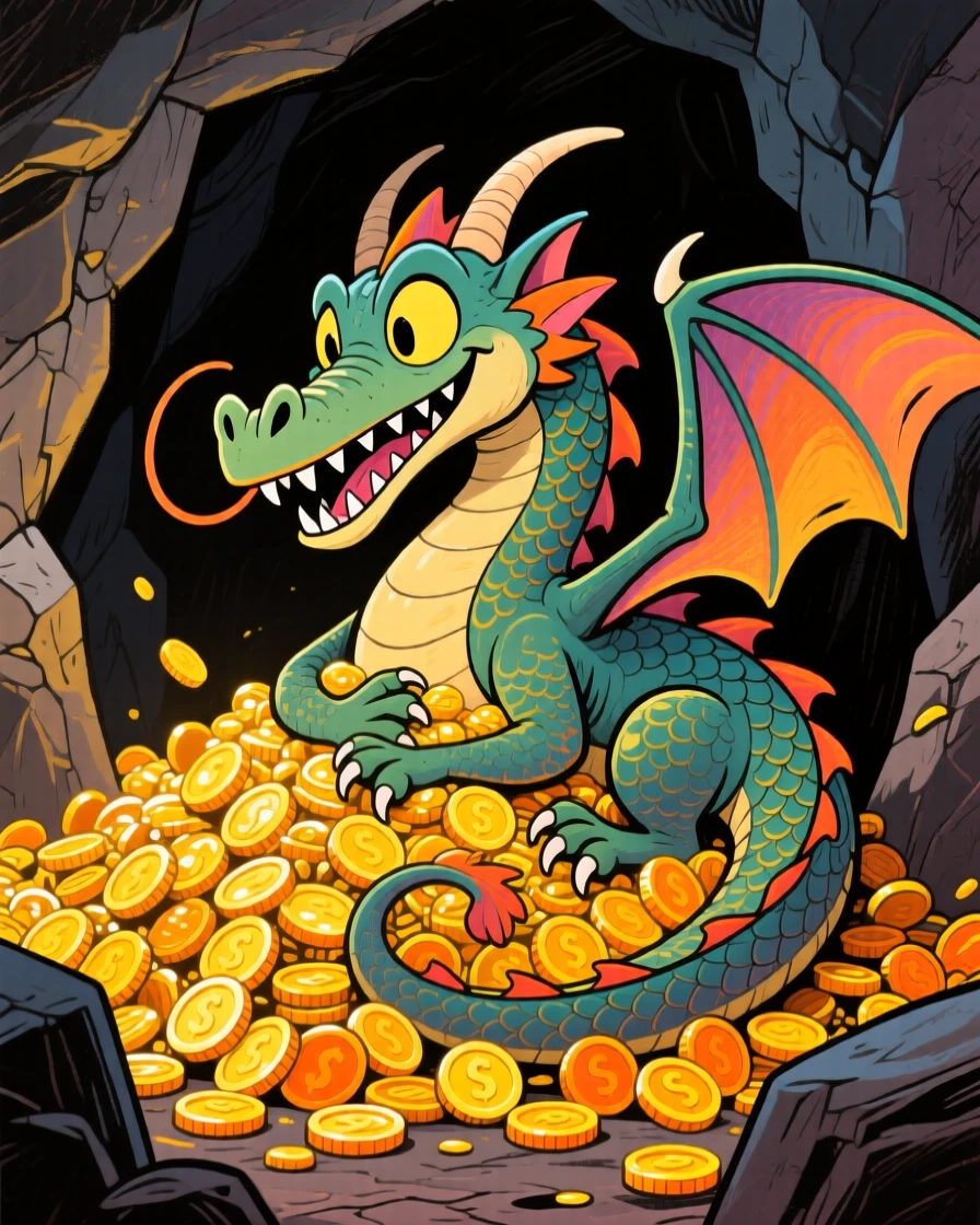 A dragon curled protectively around a hoard of glittering gold coins in a cave.