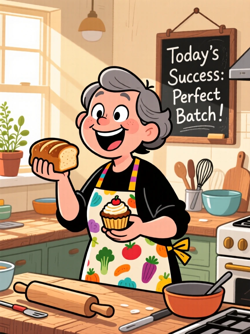 An everyday-life snapshot of an enthusiastic home cook, grinning at a small but satisfying success, in a cozy sunlit workshop.