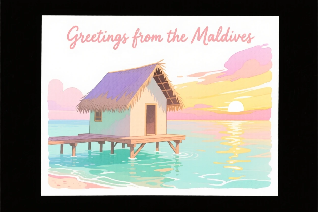A dreamy travel postcard scene of a beach hut over turquoise waters in the Maldives at golden sunset