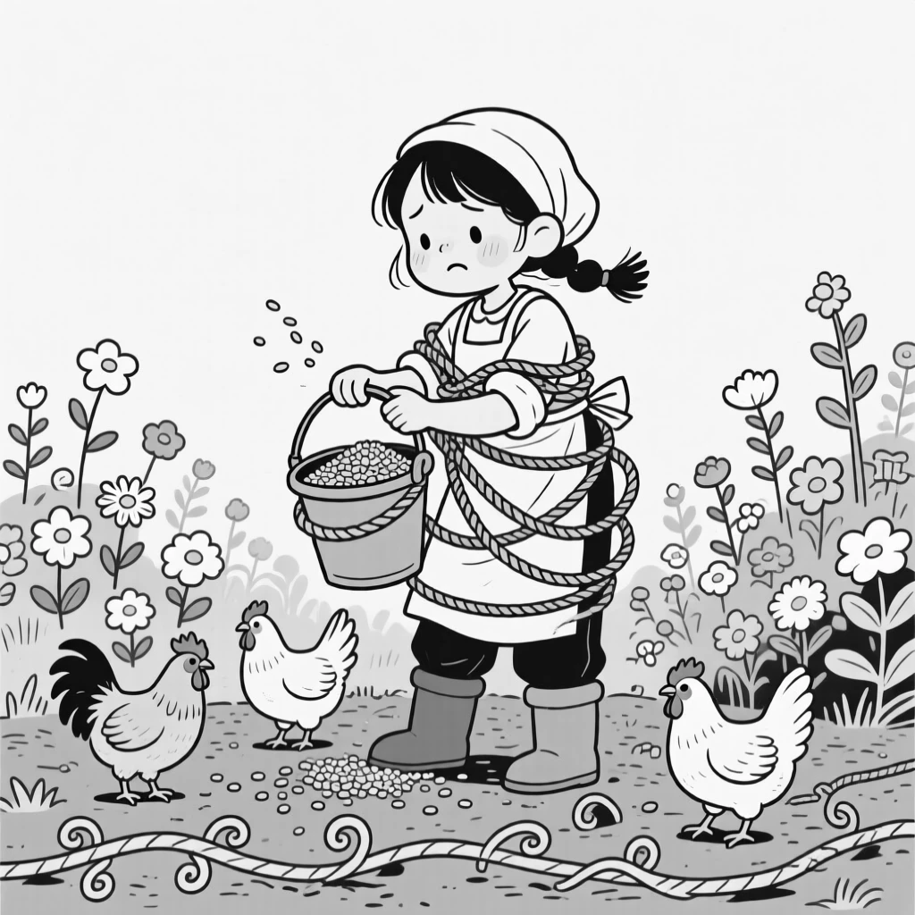 A farmer's daughter feeding chickens from an overflowing bucket, getting hopelessly wrapped up trying to fix the tangle, set in a garden bursting with blooming flowers. Vines with curling tendrils spread across the ground. It radiates the down-to-earth charm of life outdoors.