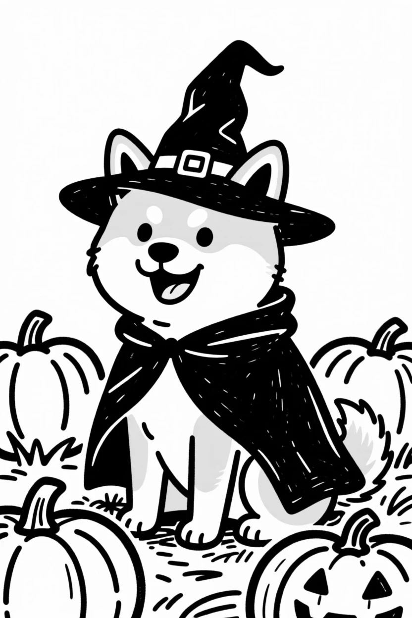 A shiba inu dressed as a tiny witch or wizard for Halloween, sitting in a pumpkin patch.