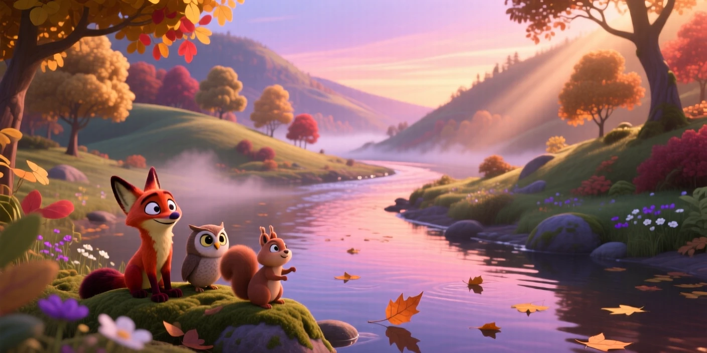 A winding river valley glows as the first light of dawn spills over the horizon, with fallen leaves drifting slowly on the breeze. A deep sense of peace and quiet awe fills the scene.