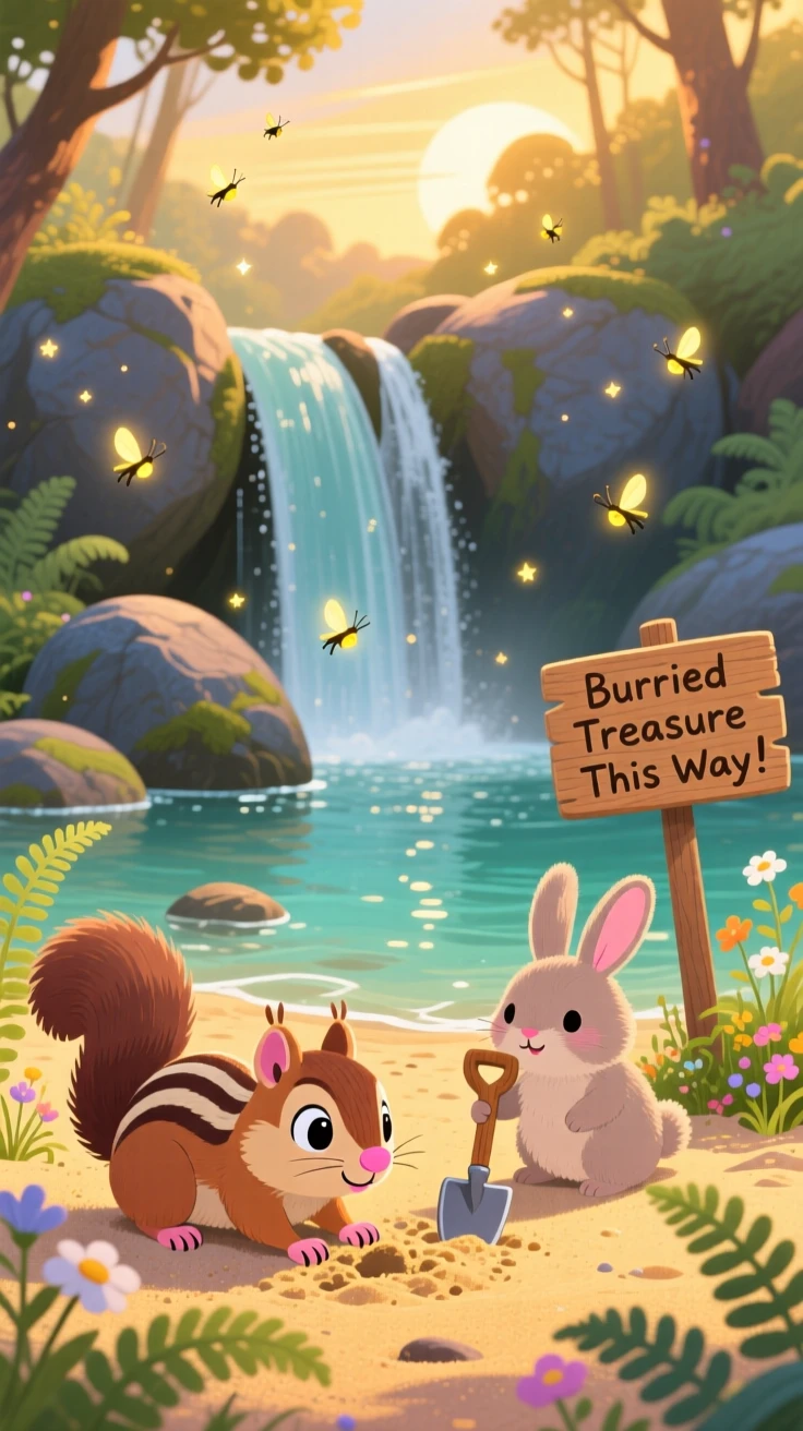 Near a gentle waterfall, a striped chipmunk is digging for buried treasure in the sand alongside a small woodland friend, while fireflies begin to glow.