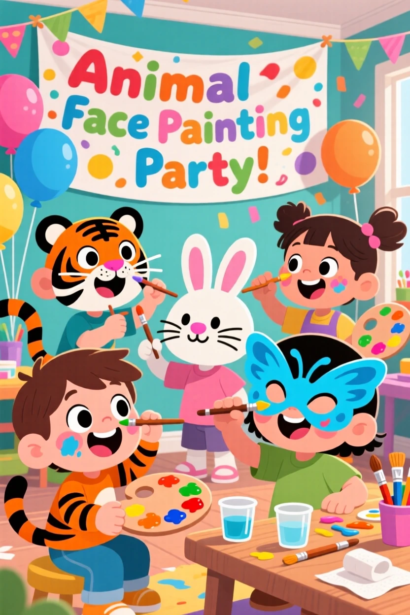 Children painting each other's faces like animals at a party.