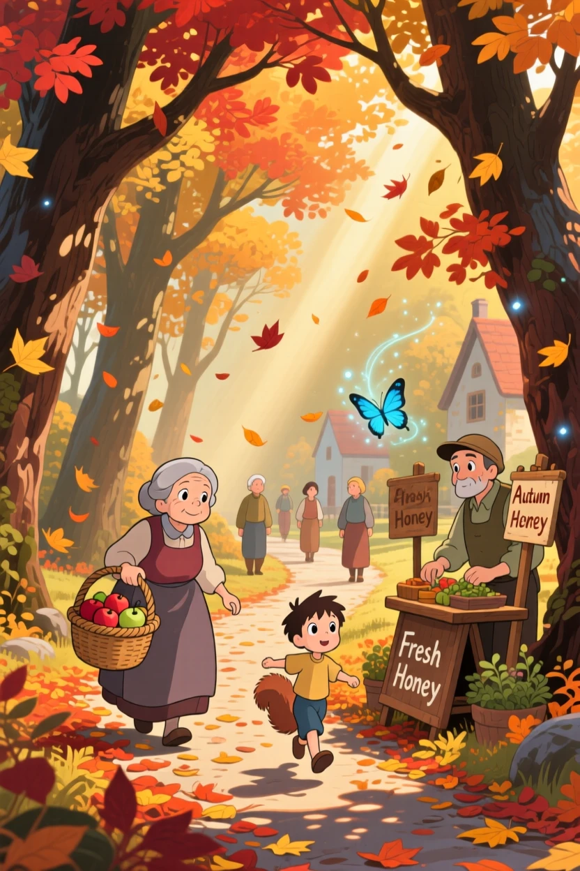 A autumn scene of a forest path blanketed in fiery red and orange leaves, as townsfolk go about their day.