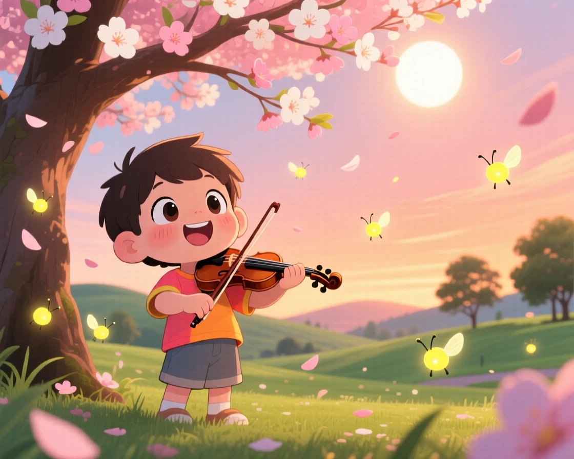 Low-angle shot looking up: a small boy, playing violin under a blossoming tree, set against a peaceful park as fireflies begin to glow at dusk, with bright midday sun and a mood of giggling amusement.