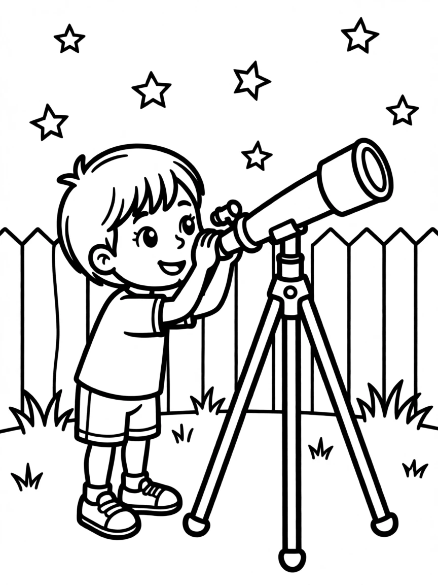 A child looking at stars through a backyard telescope