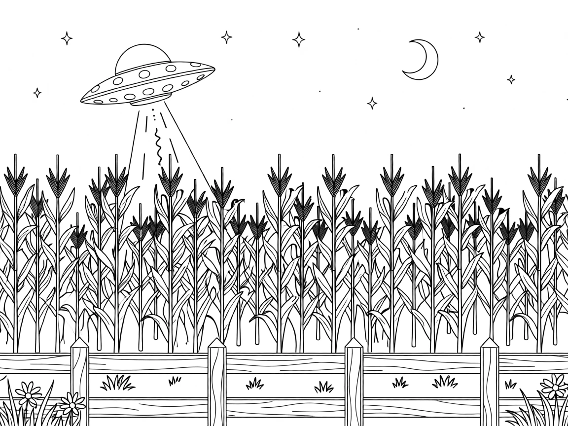 A UFO hovering above a quiet cornfield at night, with a trail of light marking its path through space.