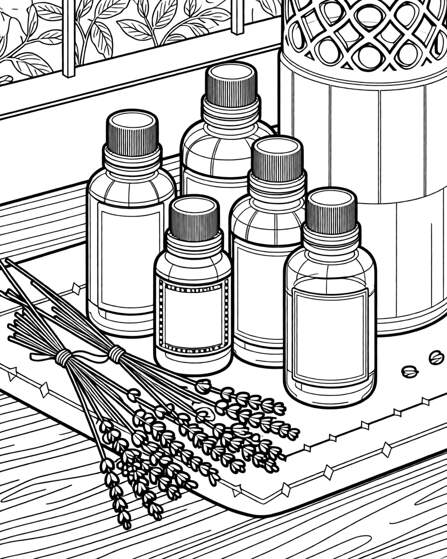 A set of essential oil bottles arranged beside dried lavender bundles.