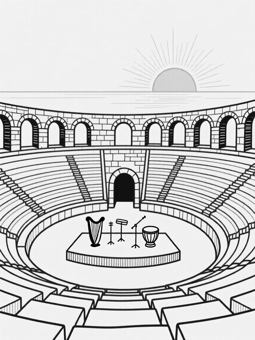 A famous ancient amphitheater hosting a sunset performance