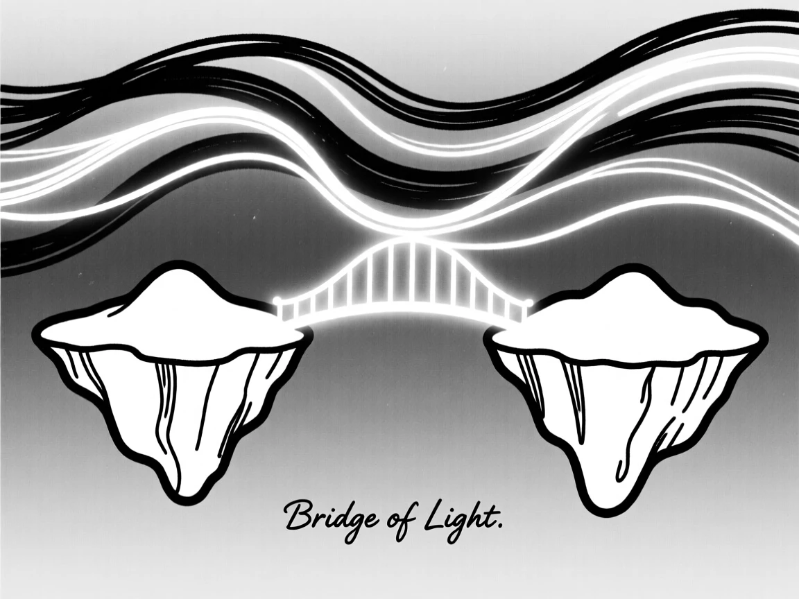 A magical bridge made of light connecting two floating islands.