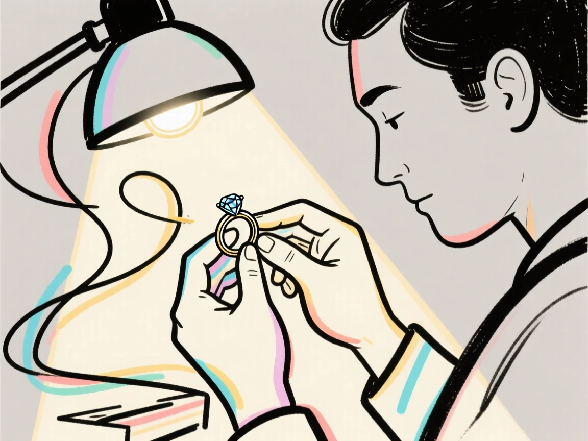 A jeweler setting a gemstone into a ring under a bright lamp.