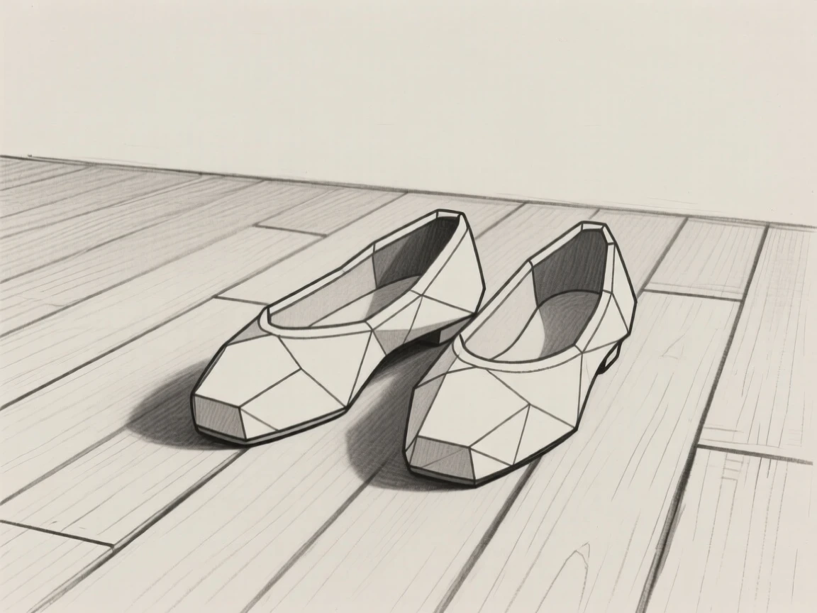 A pair of ballet flats resting on a wooden floor