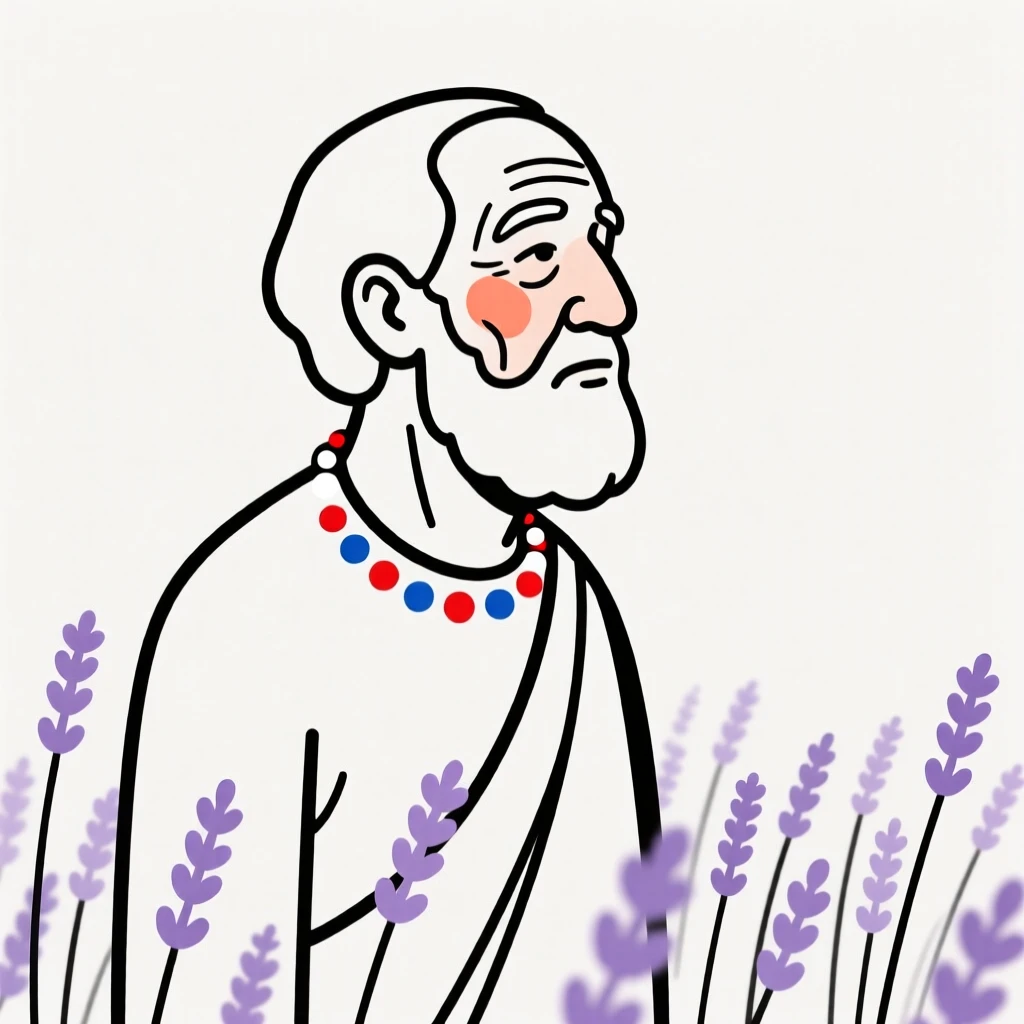A wise old man of Greek heritage wearing a Maasai beaded collar, gazing thoughtfully into the distance, in a lavender field.