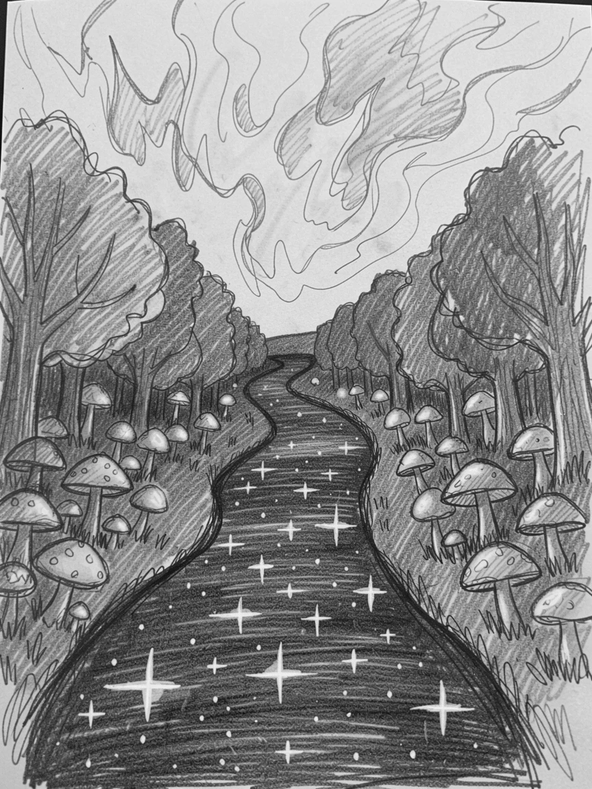 A river of stars flowing through a dark valley, within a forest of glowing mushrooms, with the horizon ablaze in impossible colors.