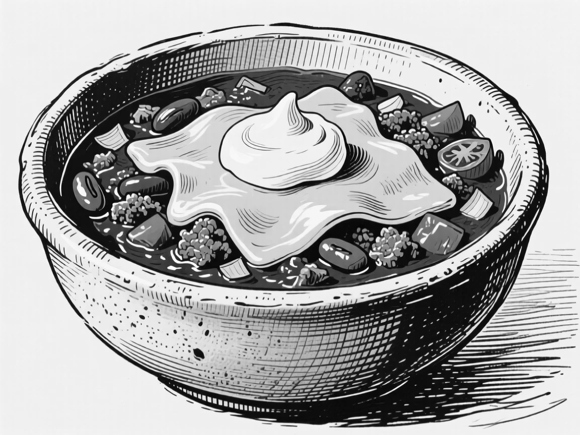 A bowl of chili topped with melted cheese and a dollop of sour cream.