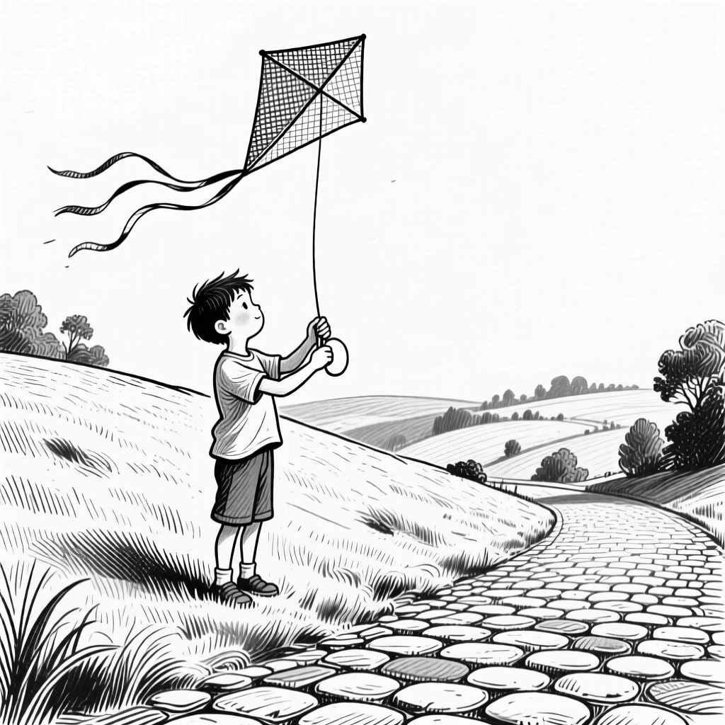 A boy flying a kite on a breezy hill along a quiet cobblestone street, with hands clasped warmly together, creating a peacefully content lifestyle scene.