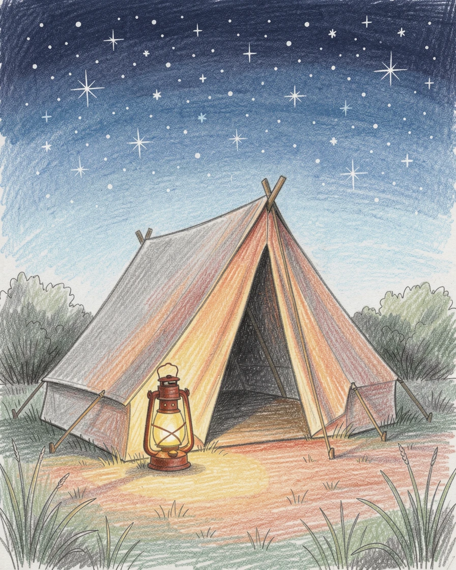 A cozy campsite with a glowing lantern and tent under starry skies, with soft, natural light bringing warmth to every detail, perfect for anyone drawn to gentle, heartfelt imagery.