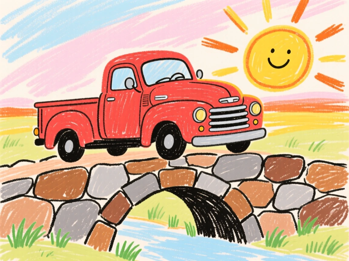 A classic pickup truck crossing an old stone bridge at sunrise.