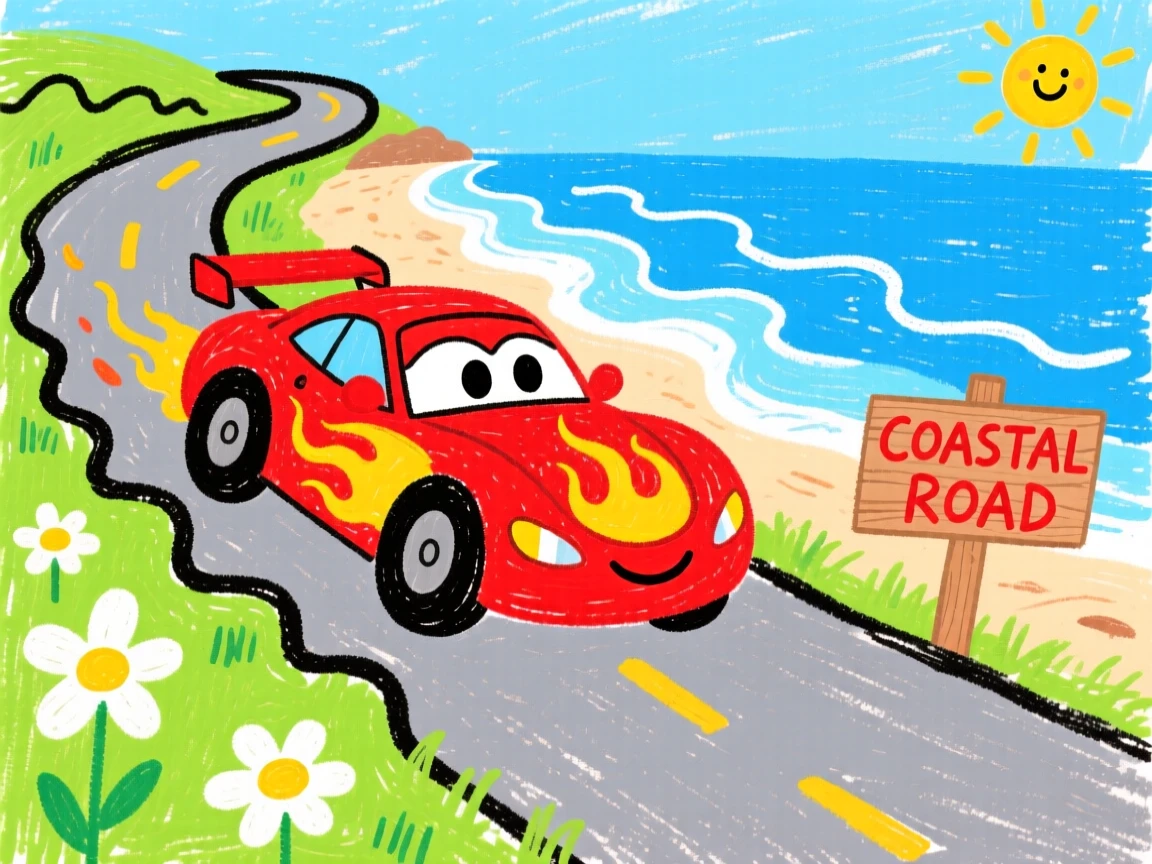 A sleek race car traveling along a winding coastal road.