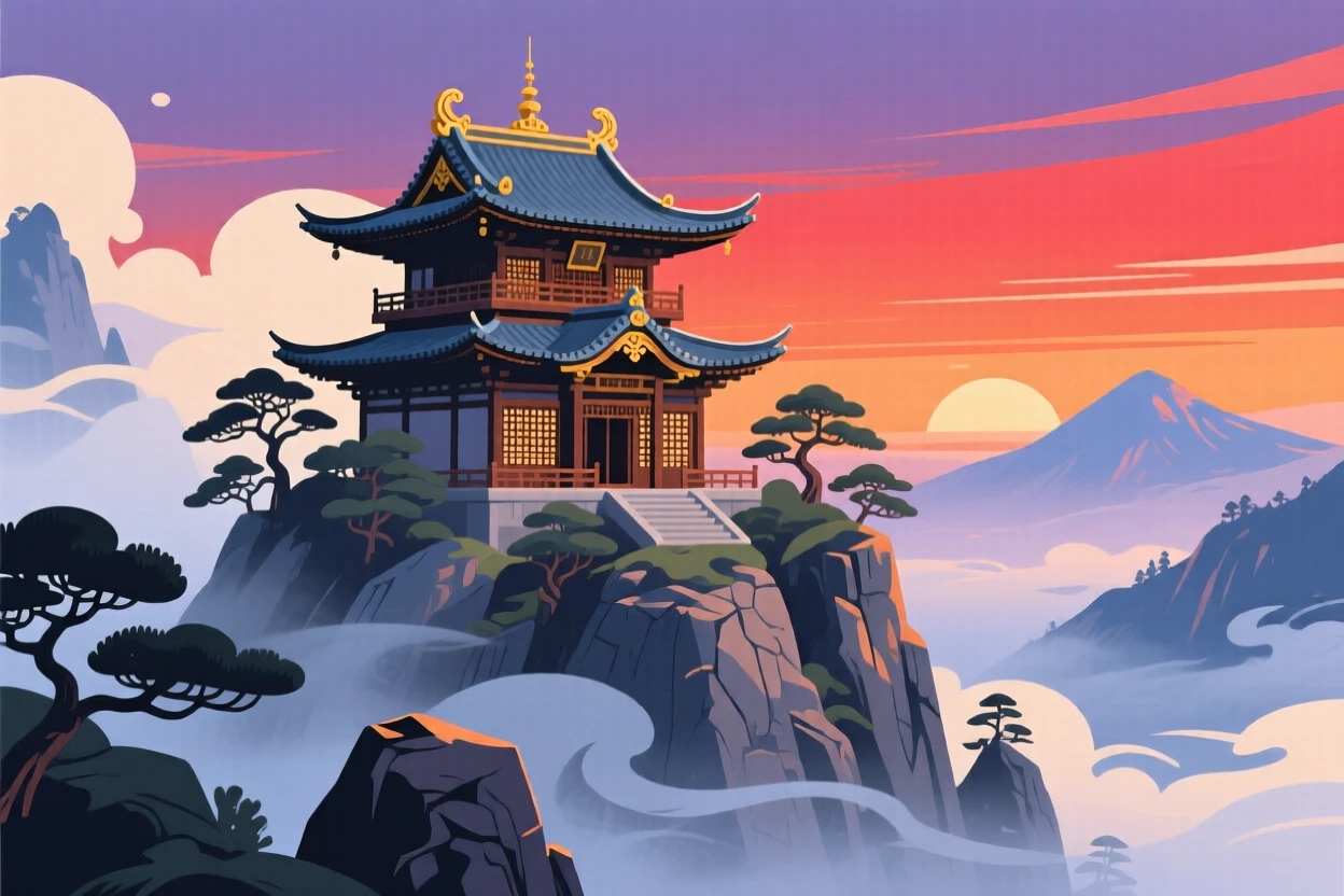 A grand mountain temple wrapped in swirling morning mist, under a dramatic sunset sky, captured from a scenic elevated viewpoint, with a nostalgic, postcard-like charm.
