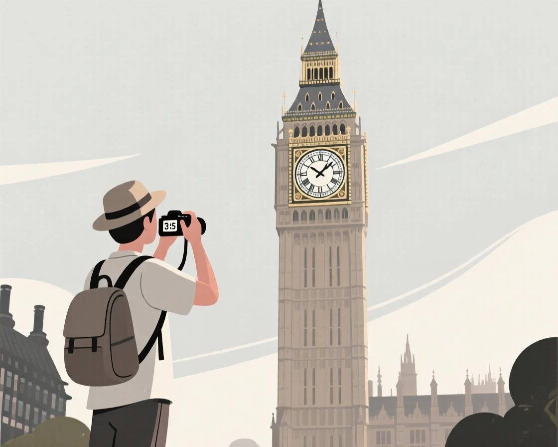 A traveler taking photos near a famous clock tower.