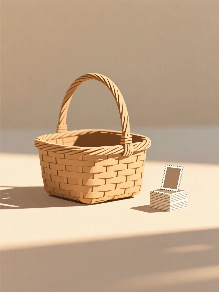 A woven picnic basket resting on a sunlit study, surrounded by a stack of postage stamps, evoking understated elegance.
