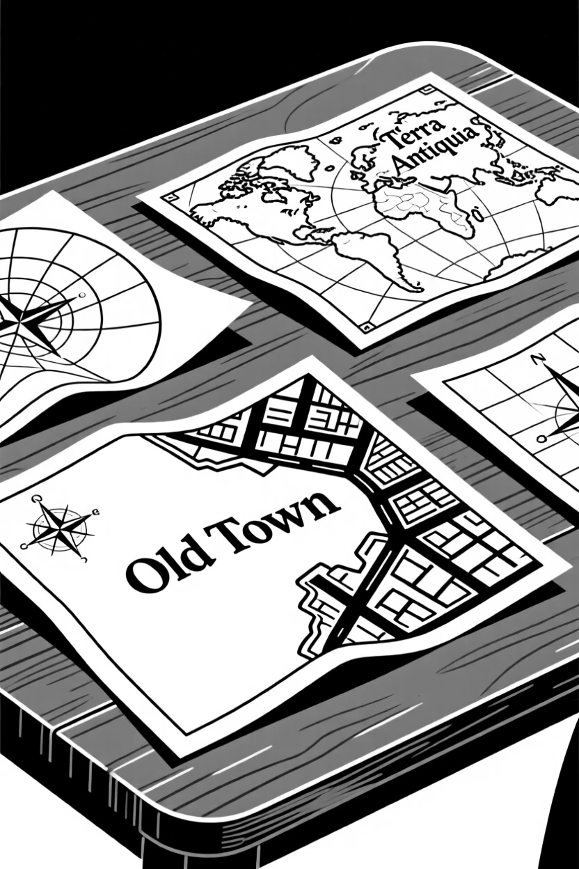 A collection of old maps spread across a table.