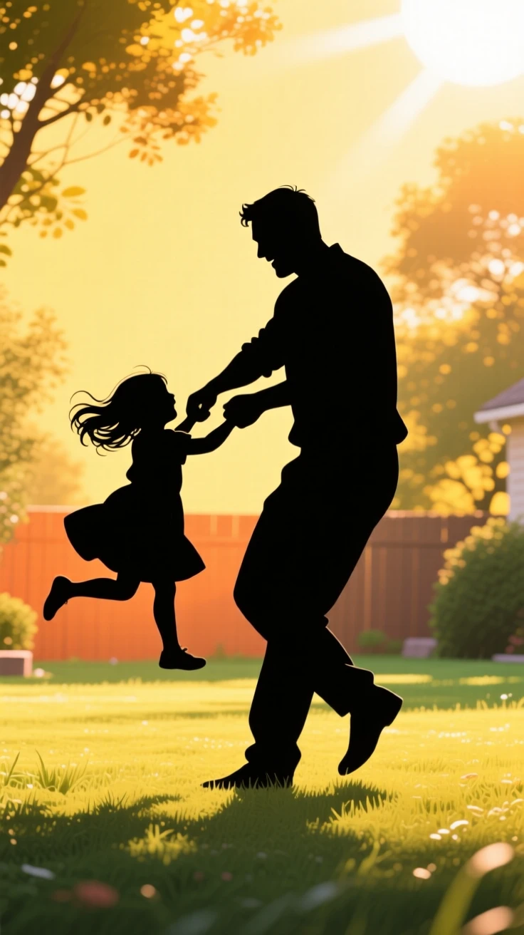 A father spinning his young daughter in circles in the middle of a sunlit yard.