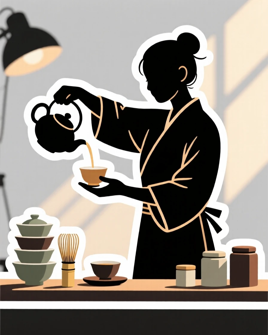 A focused and joyful tea ceremony host pouring tea gracefully, captured mid-motion during their favorite activity, in a sunlit studio filled with supplies.