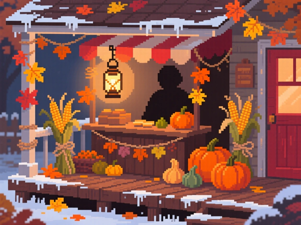 A lantern-lit autumn festival stall dusted lightly with the season's first frost, on a porch decorated for a harvest festival.