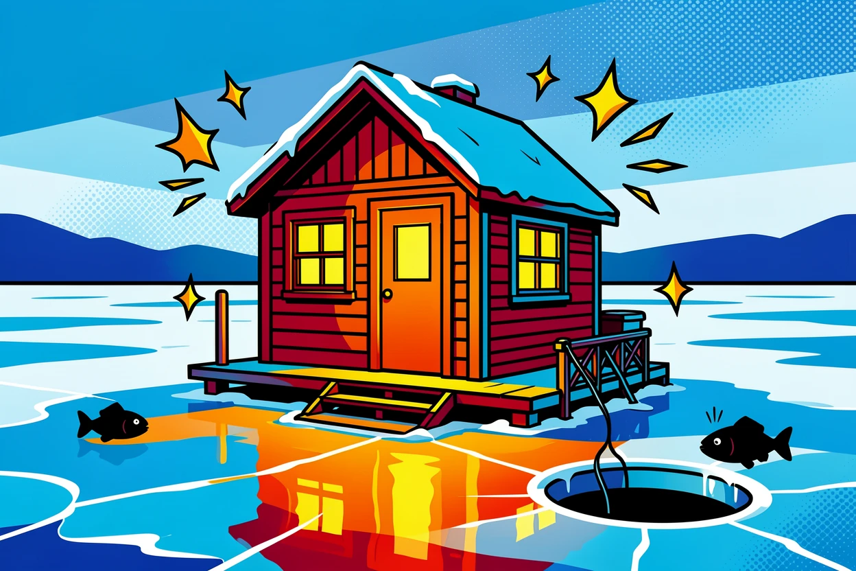 An ice fishing hut lit warmly on a frozen lake
