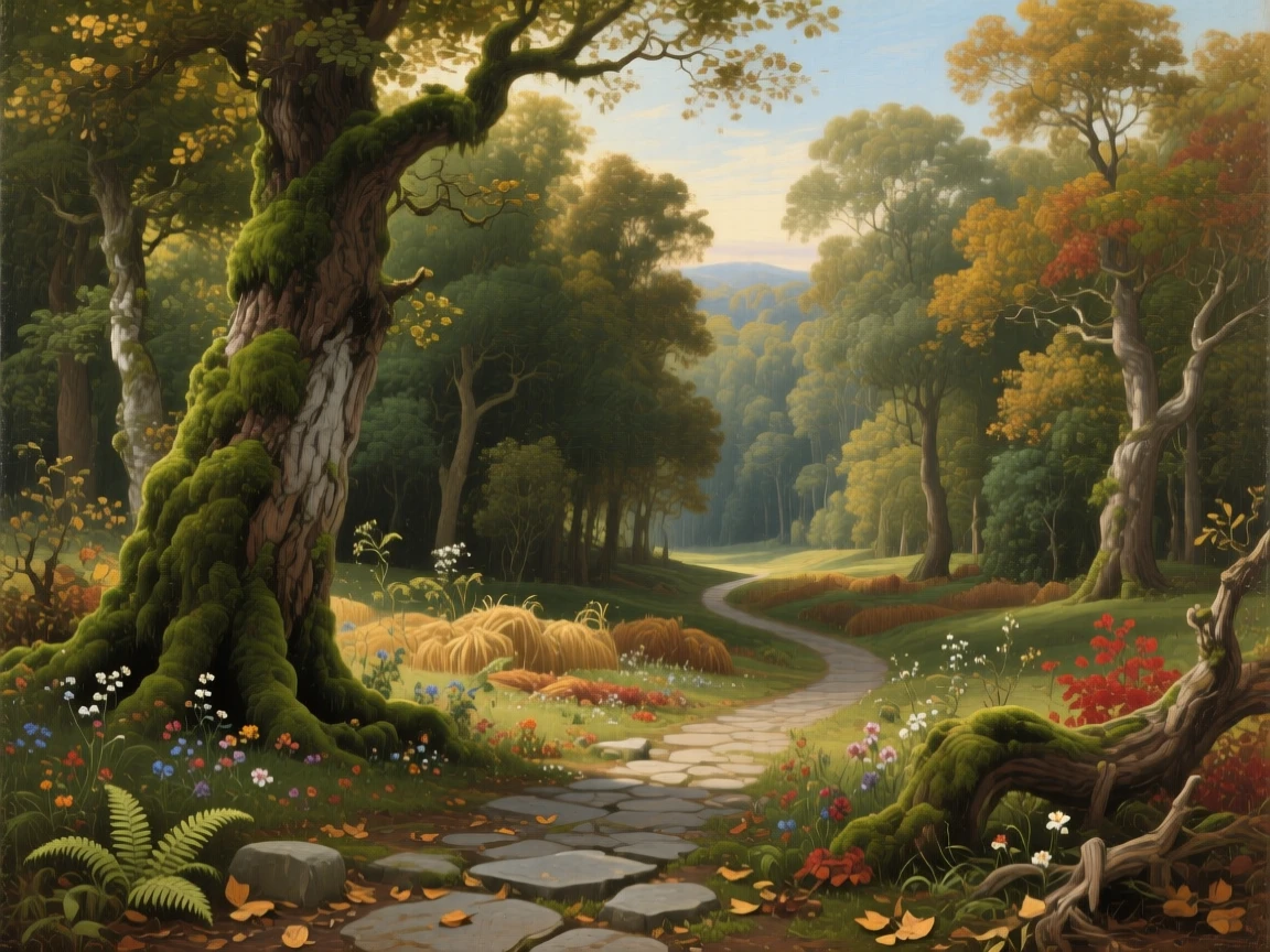 A sweeping wide shot of a moss-covered forest with a winding stone path, in the Renaissance period, during the summer harvest.