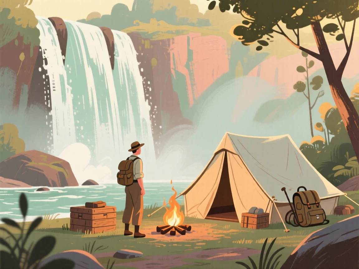 An explorer's camp set up beside a roaring waterfall