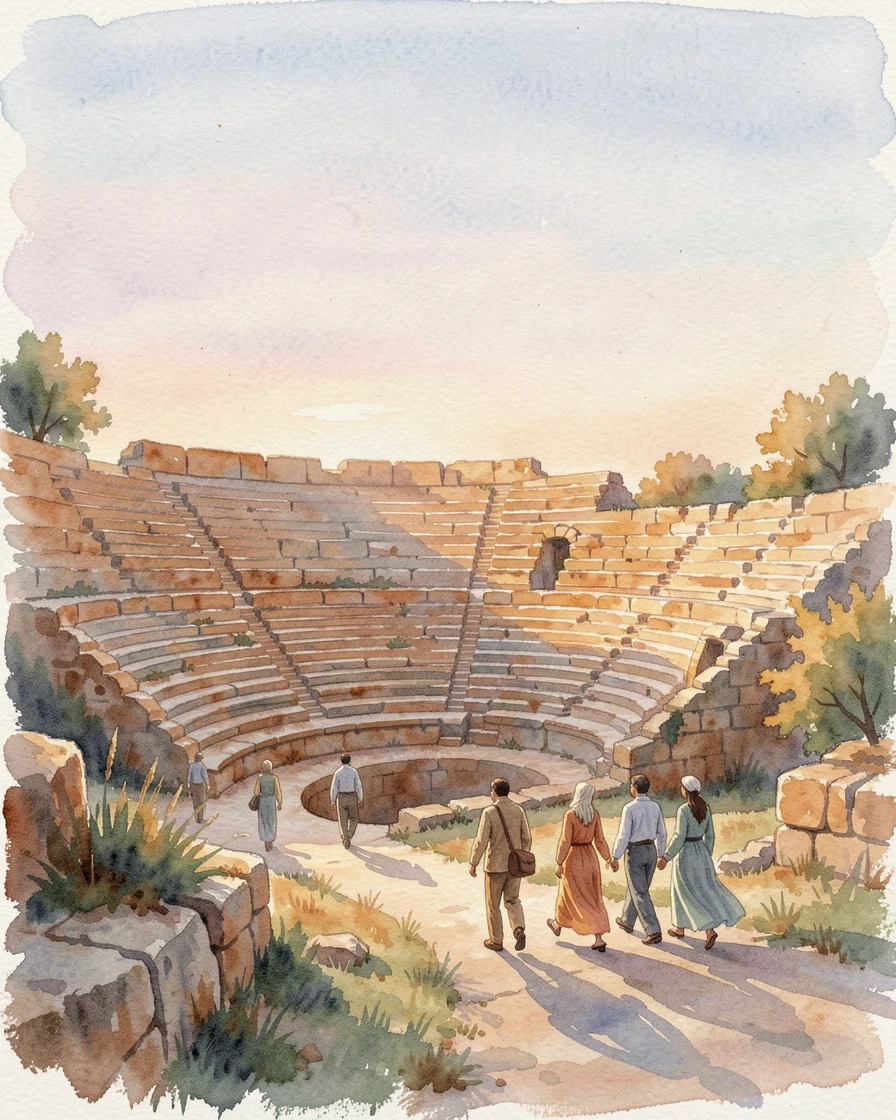 An ancient amphitheater bathed in evening light during golden hour with travelers strolling along the path.