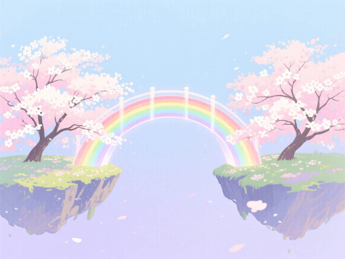 A bridge made of rainbow light arches between two floating islands covered in blooming cherry trees