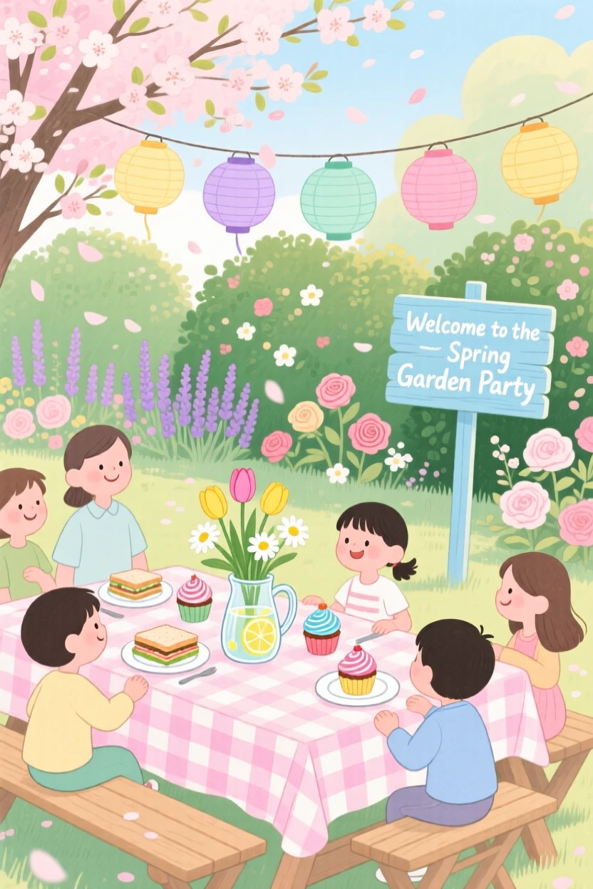 A festive scene of a spring garden party with pastel decorations and blooming flowers.