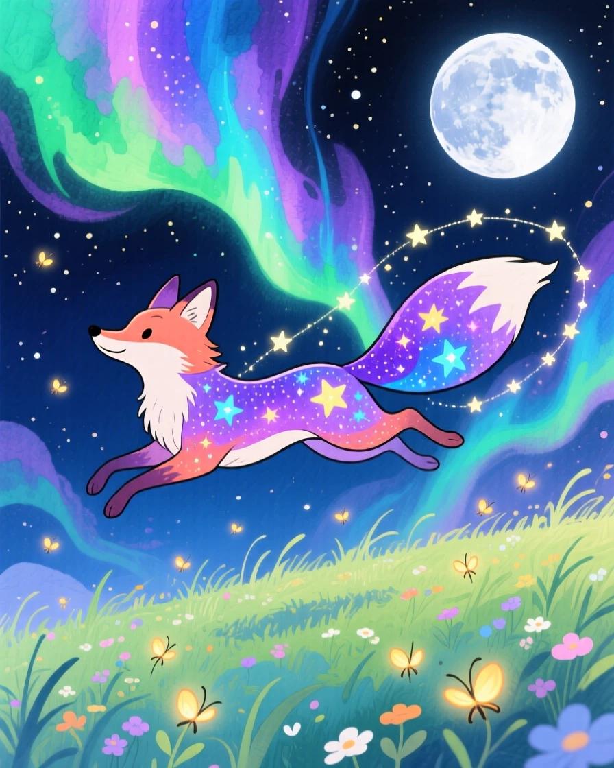 A star-tailed cosmic fox flying through a sky painted with the northern lights, in a moonlit meadow dotted with fireflies, sparking pure childlike delight.