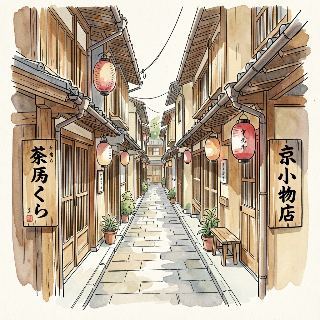 A quiet alley in Kyoto lined with traditional wooden shopfronts, the scene rich with texture and quiet character.