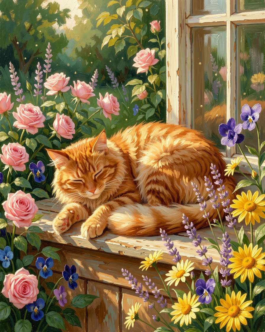 In a sunlit garden filled with blooming flowers, a fluffy orange cat curled up on a windowsill, it stretching lazily in a patch of sunlight, in the soft light of early morning.