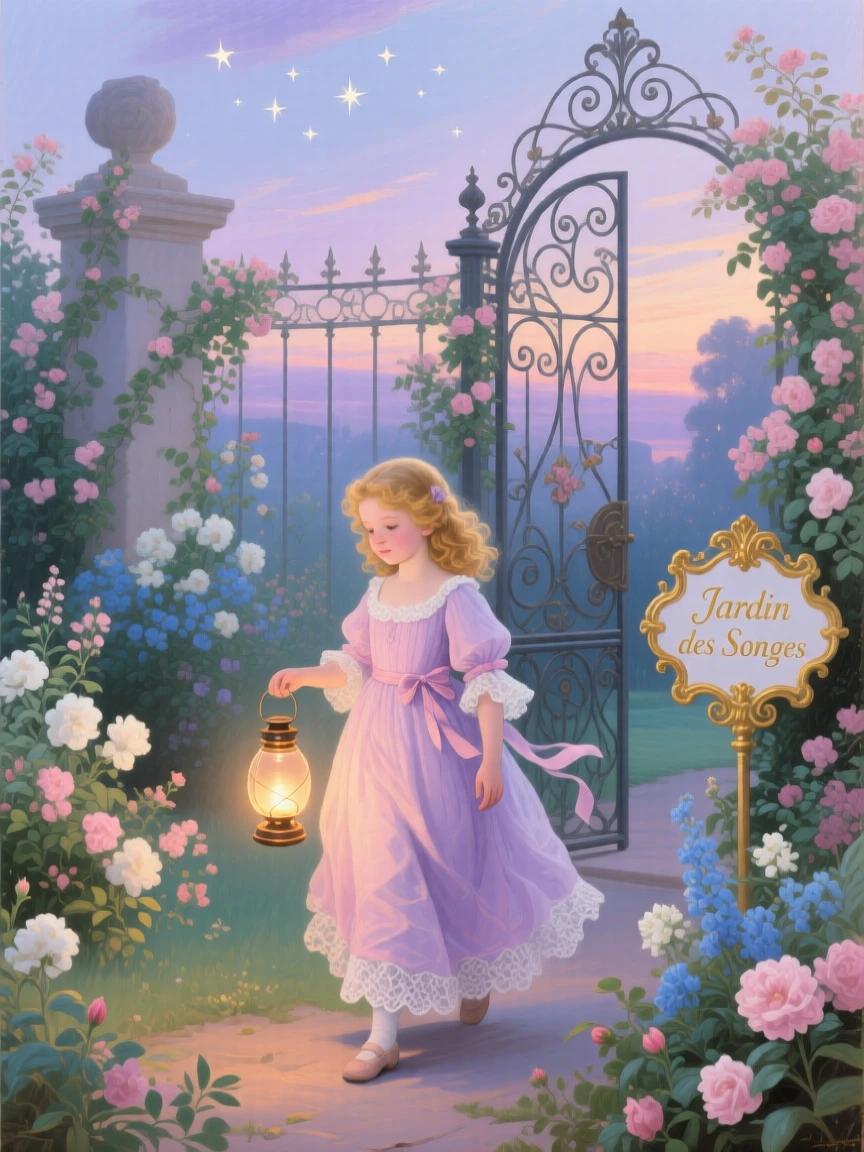 A little girl carrying a lantern through a garden at twilight  