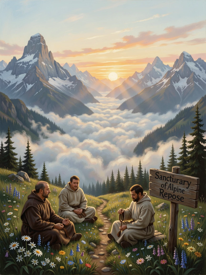 A group of monks rests upon a high alpine meadow as clouds swirl below.