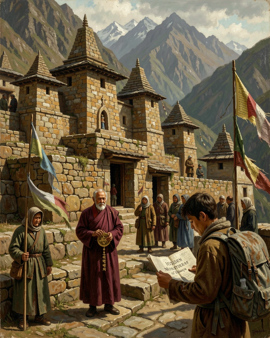 The ancient stone terraces and towers of a hidden Himalayan monastery, with locals and travelers adding life and scale to the scene, celebrating the architectural wonder and cultural richness of the location