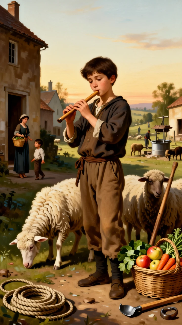 A shepherd boy playing a simple flute among his grazing flock as ordinary labor takes on unexpected grace, set within a sunlit rural village at the start of a new day, with baskets of produce, coils of rope, and tools of an honest trade; background activity adds gentle life without distracting from the center, evoking dignity, warmth, and the quiet poetry of daily life.