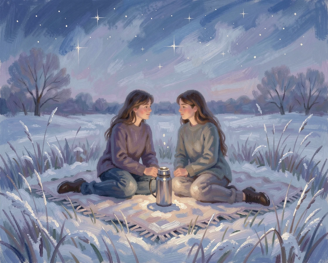 A young couple stargazing on a blanket in a meadow, a thermos of tea between them, under a fresh blanket of snow, evoking timeless charm and quiet elegance.