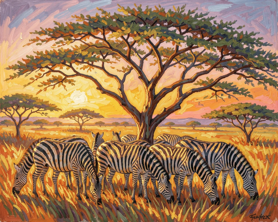 A herd of zebras grazing peacefully beneath an acacia tree at golden hour.