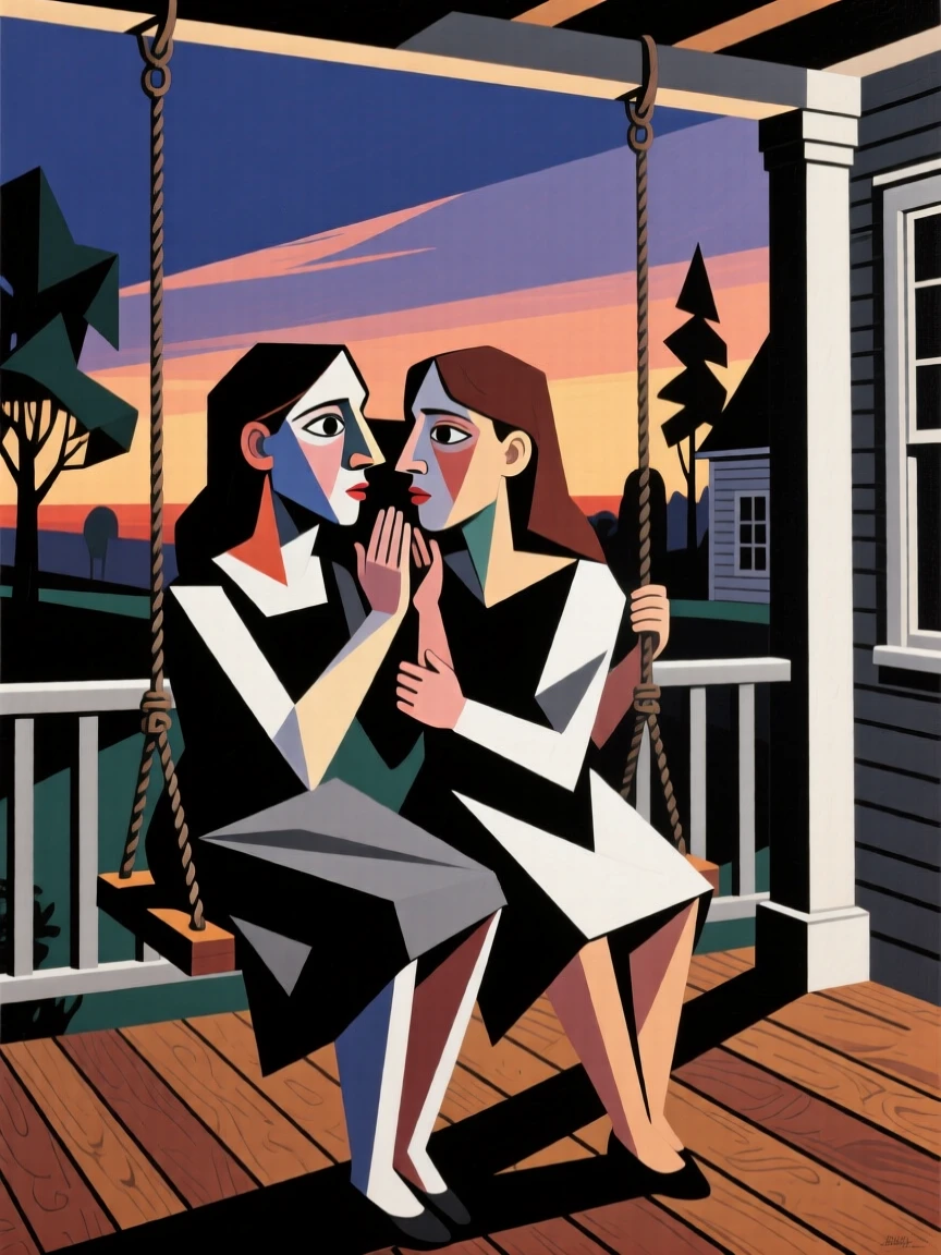 Two sisters whispering secrets while sitting on a porch swing at dusk.
