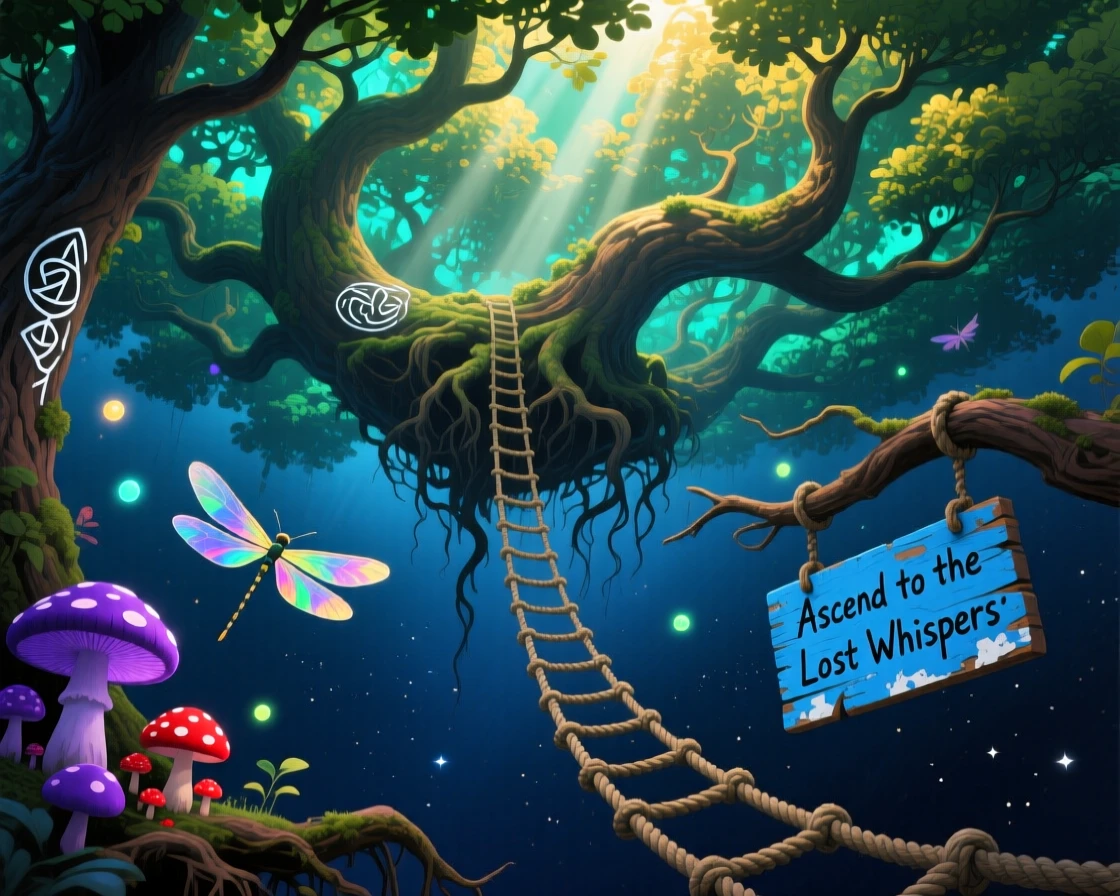 An entire forest suspended sideways in midair rotates gently around an invisible axis, as a rope ladder dangles into empty space below.